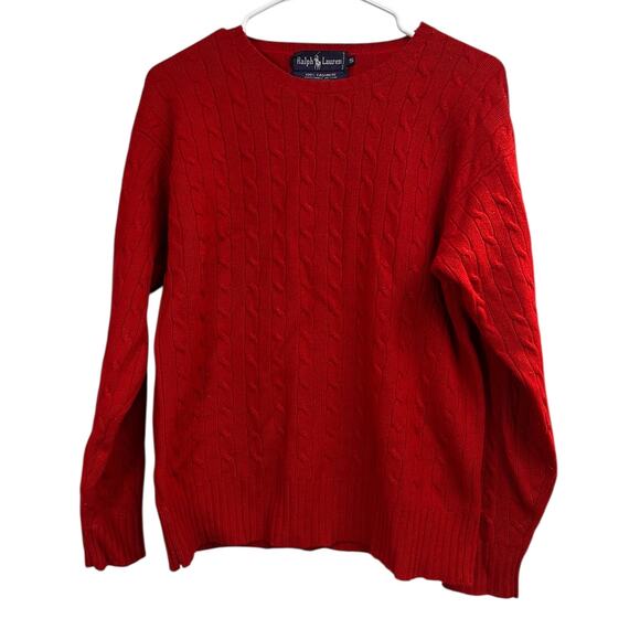 Ralph Lauren Vintage Red Cable Knit Cashmere Sweater Small Purple Label